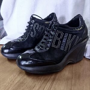 Bikkembergs Womens Black Leather Round Toe Wedge Heel Casual Sneakers Size 36